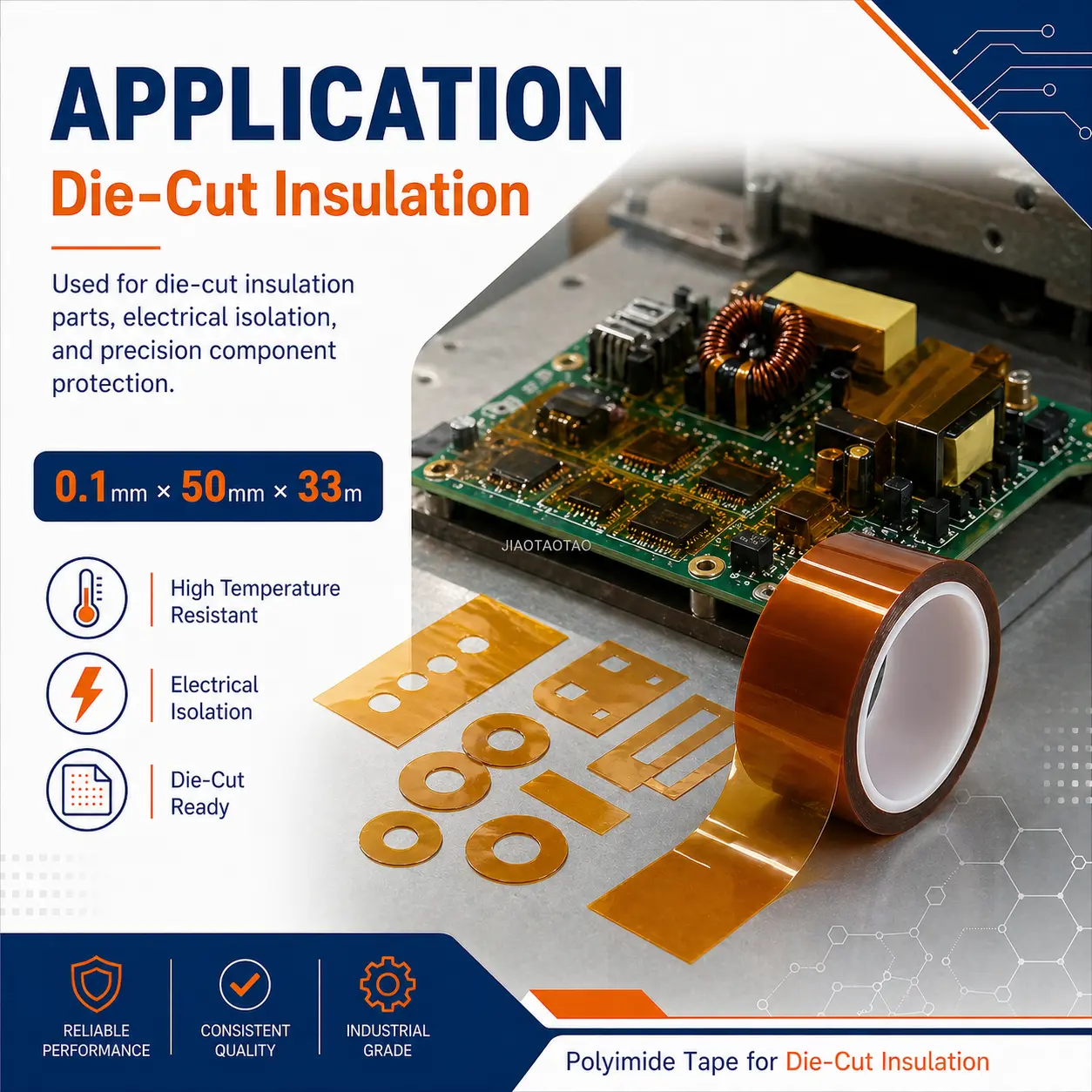 Polyimide tape 0.1mm x 50mm for die-cut insulation, electrical protection, and industrial masking.